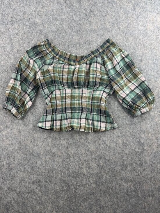 Free People Tops - Free People Teagan Plaid Puff Sleeve Top Sz M Romantic